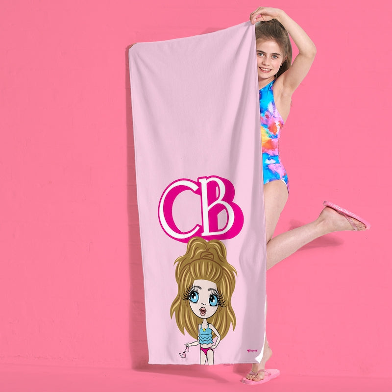 ClaireaBella Girls Personalised Pink Initials Beach Towel - Image 1