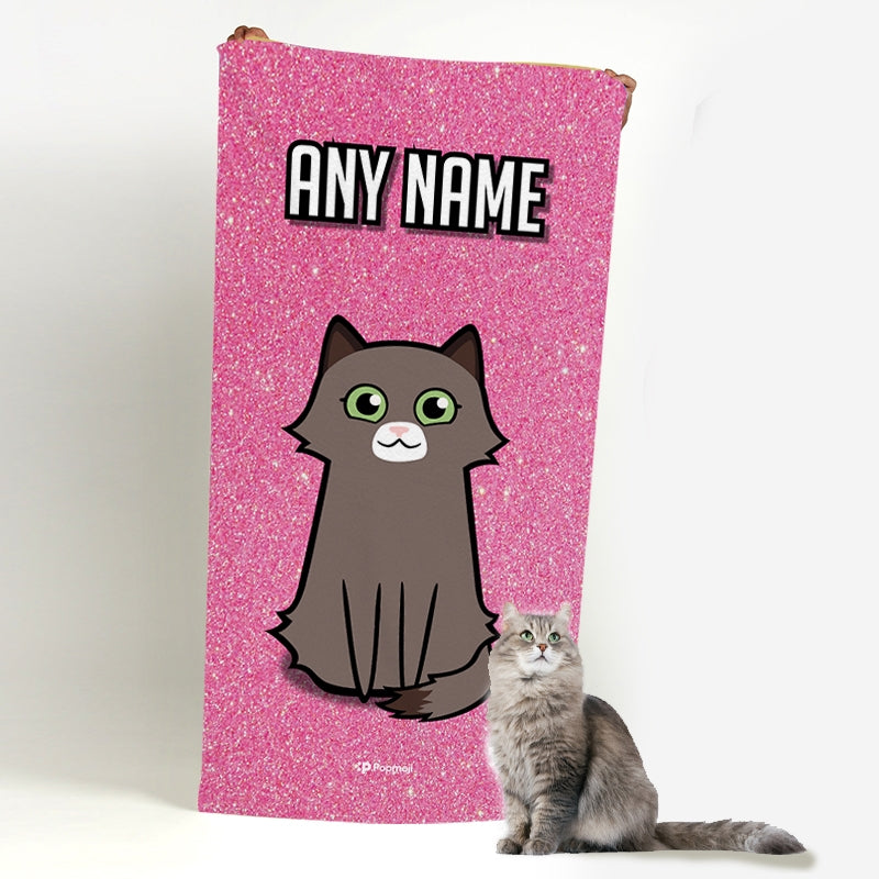 Personalised Cat Pink Glitter Beach Towel - Image 1