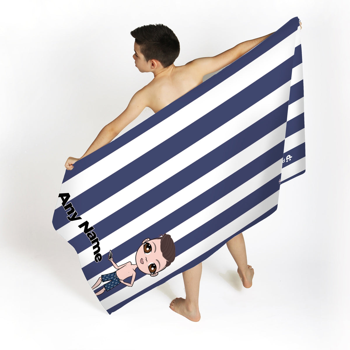 Jnr Boys Personalised Navy Stripe Beach Towel Toxic Fox
