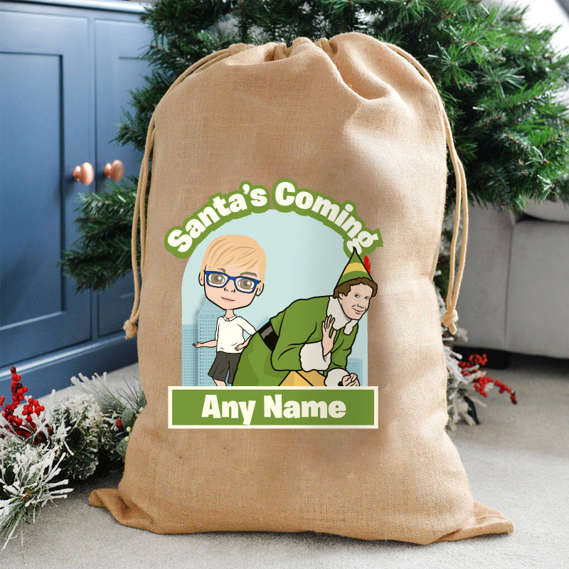Jnr Boys Personalised Santa's Coming Christmas Hessian Sack
