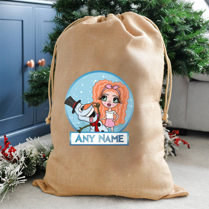 ClaireaBella Girls Personalised Frosty Snowman Christmas Hessian Sack