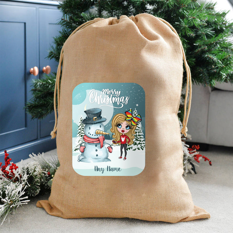 ClaireaBella Girls Personalised Snowman Christmas Hessian Sack