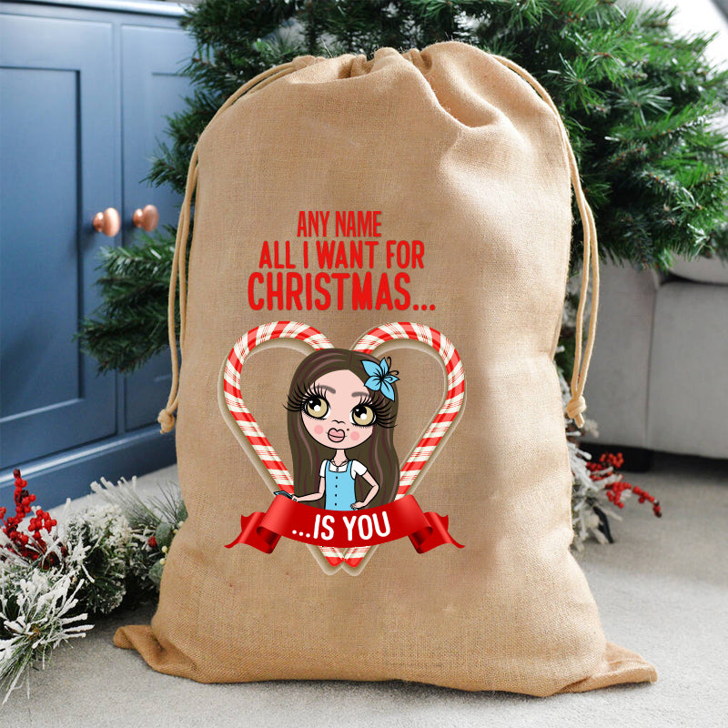ClaireaBella Girls Personalised All I Want For Christmas Hessian Sack