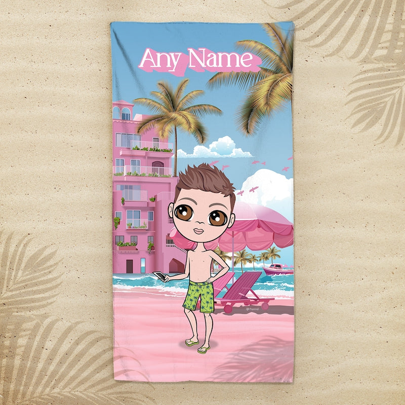 Jnr Boys Personalised Pink Seaside Beach Towel - Image 1