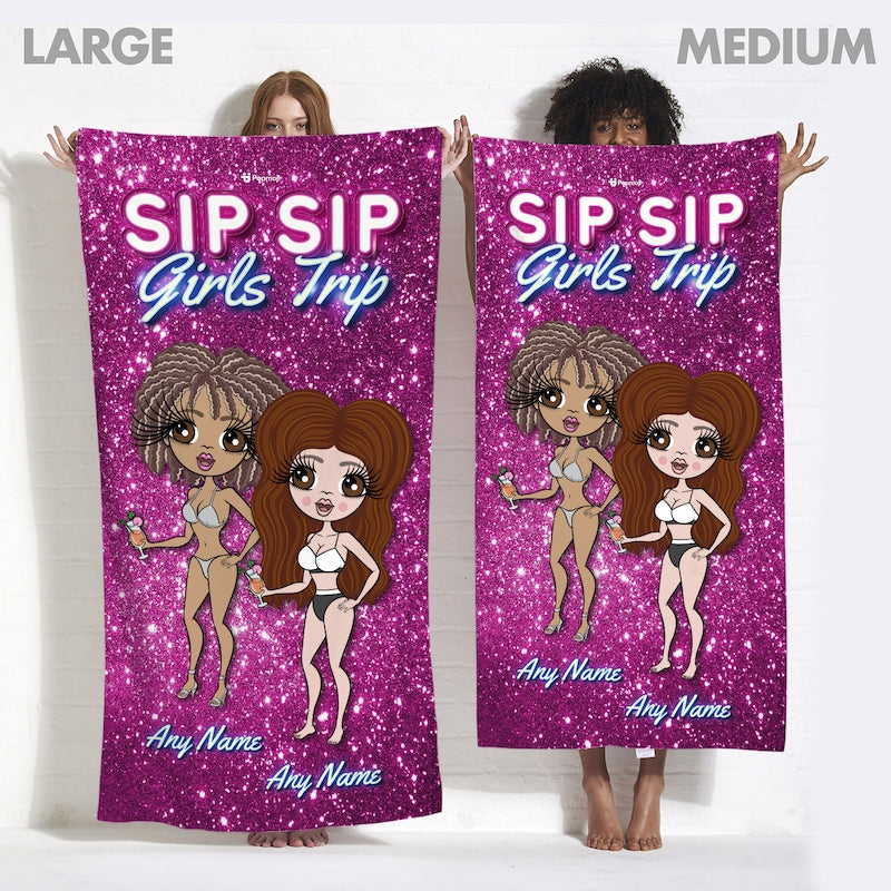 Multi Character Personalised Sip Sip Girls Trip Beach Towel - 2 Women - Image 4