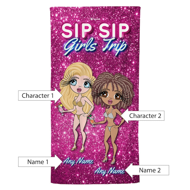 Multi Character Personalised Sip Sip Girls Trip Beach Towel - 2 Women - Image 5