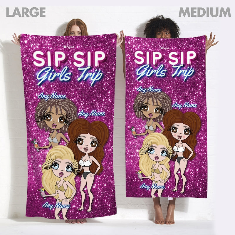 Multi Character Personalised Sip Sip Girls Trip Beach Towel - 3 Women - Image 5