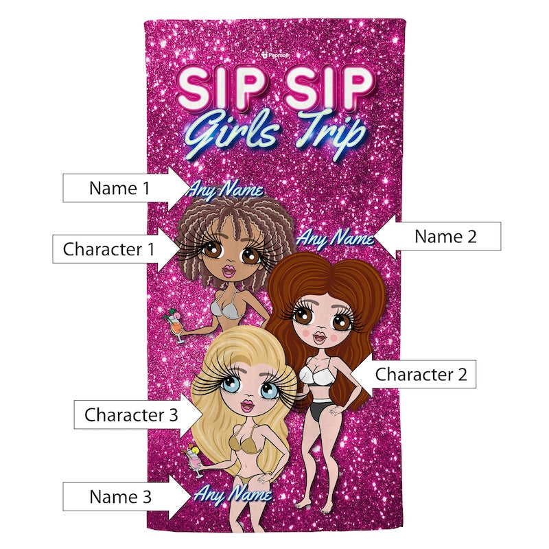 Multi Character Personalised Sip Sip Girls Trip Beach Towel - 3 Women - Image 4