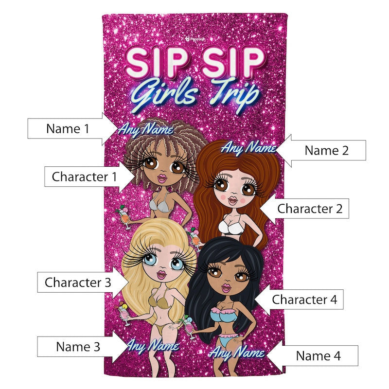 Multi Character Personalised Sip Sip Girls Trip Beach Towel - 4 Women - Image 5