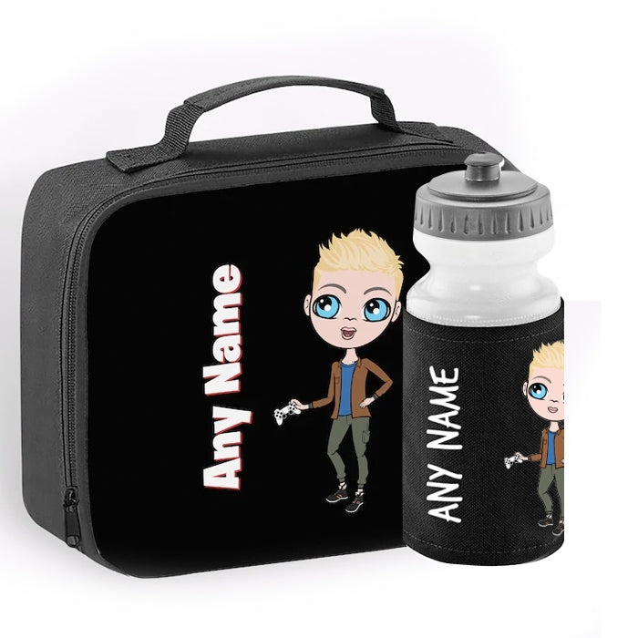 Jnr Boys Personalised Black Lunch Bag & Water Bottle Bundle - Image 1