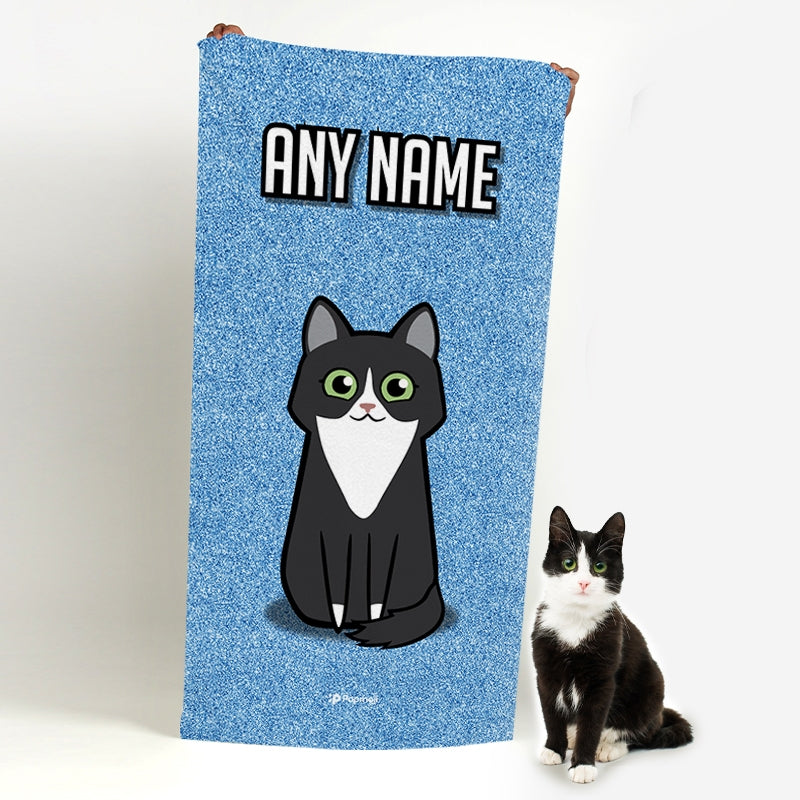 Personalised Cat Blue Glitter Beach Towel - Image 1
