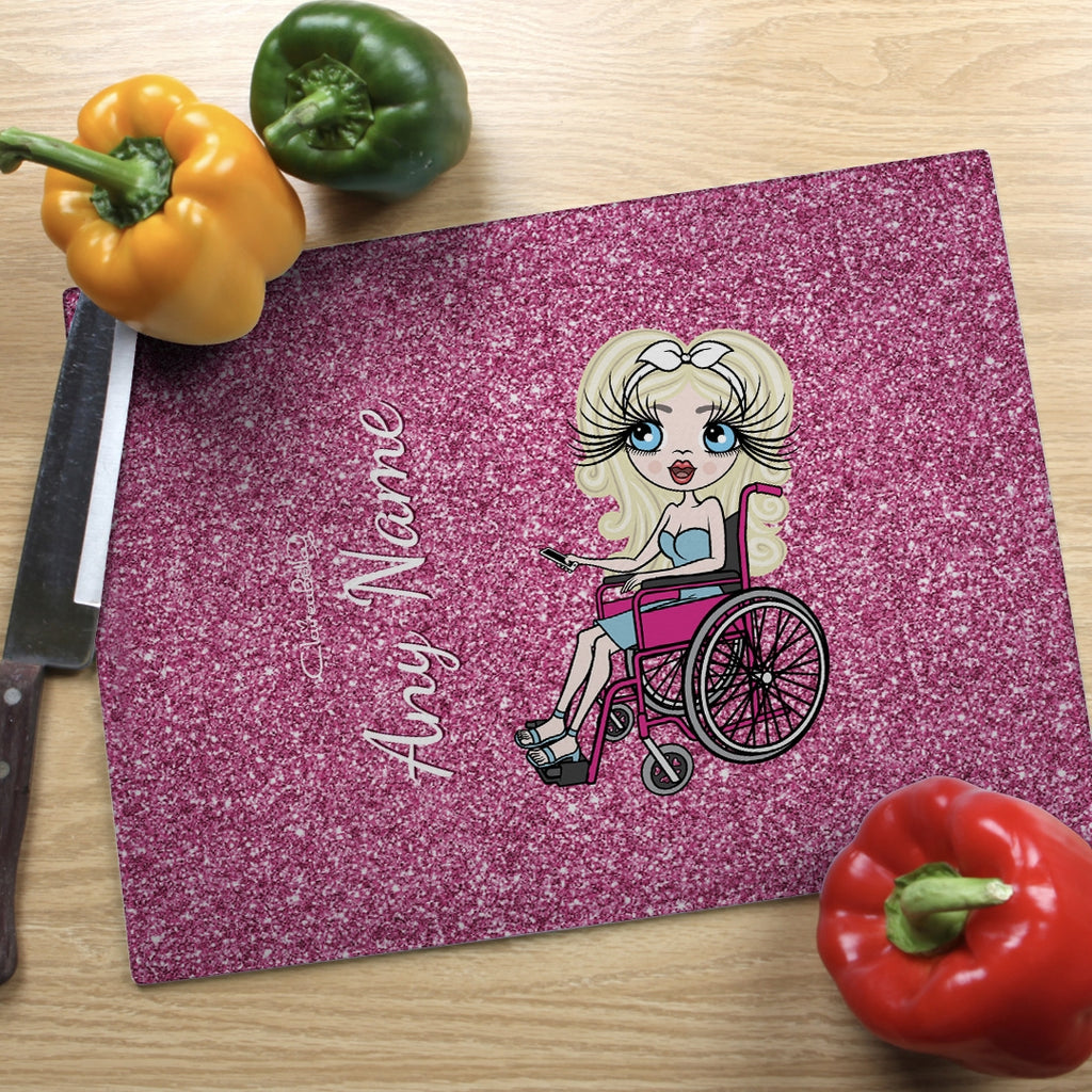ClaireaBella Wheelchair Glass Chopping Board - Pink Glitter Effect - Image 1