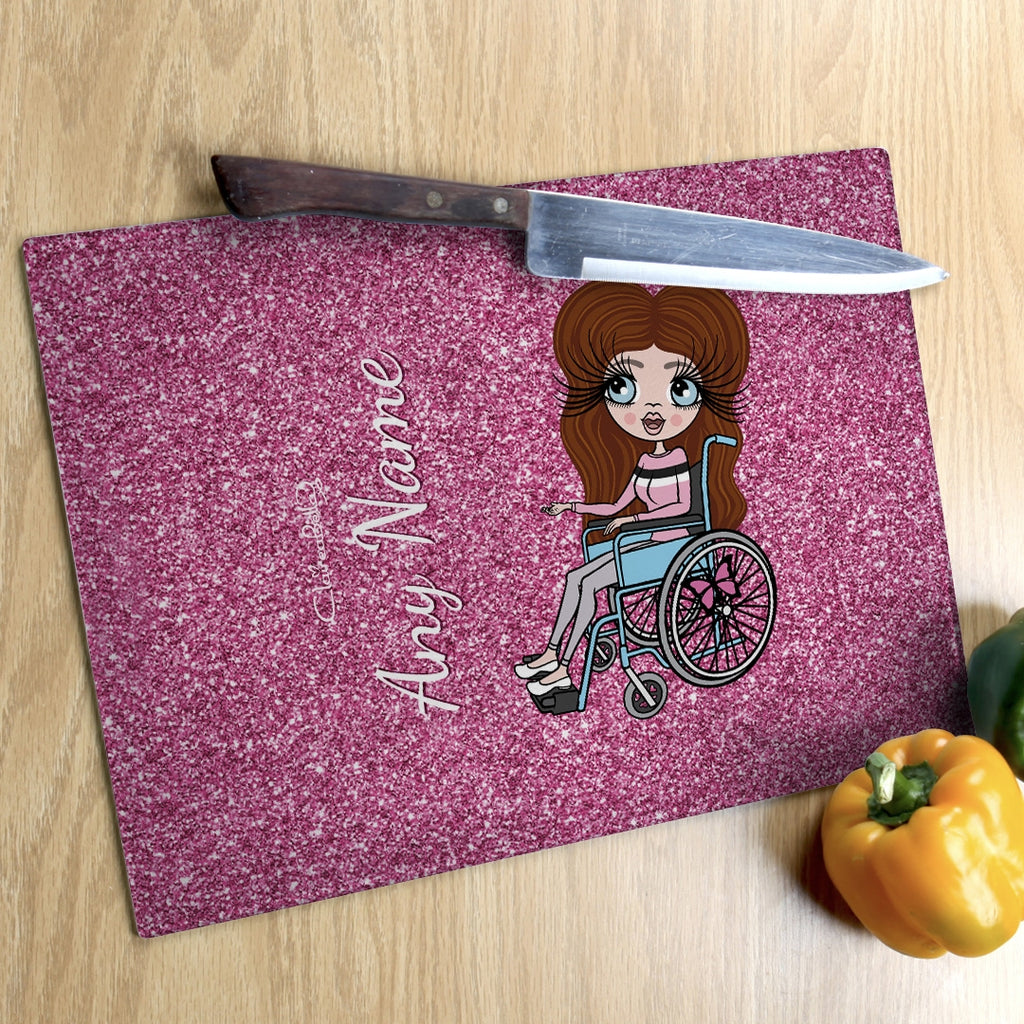 ClaireaBella Wheelchair Glass Chopping Board - Pink Glitter Effect - Image 2