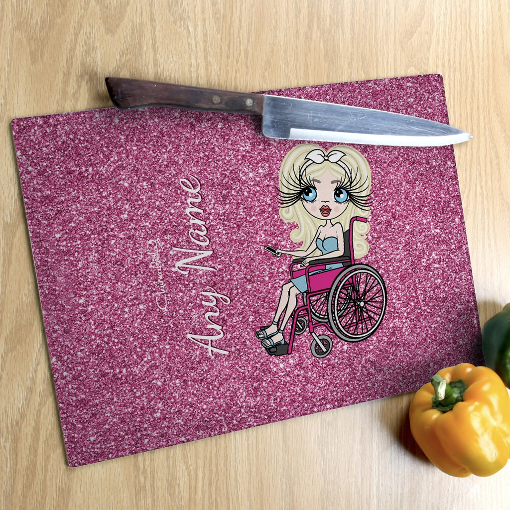 ClaireaBella Wheelchair Glass Chopping Board - Pink Glitter Effect - Image 3