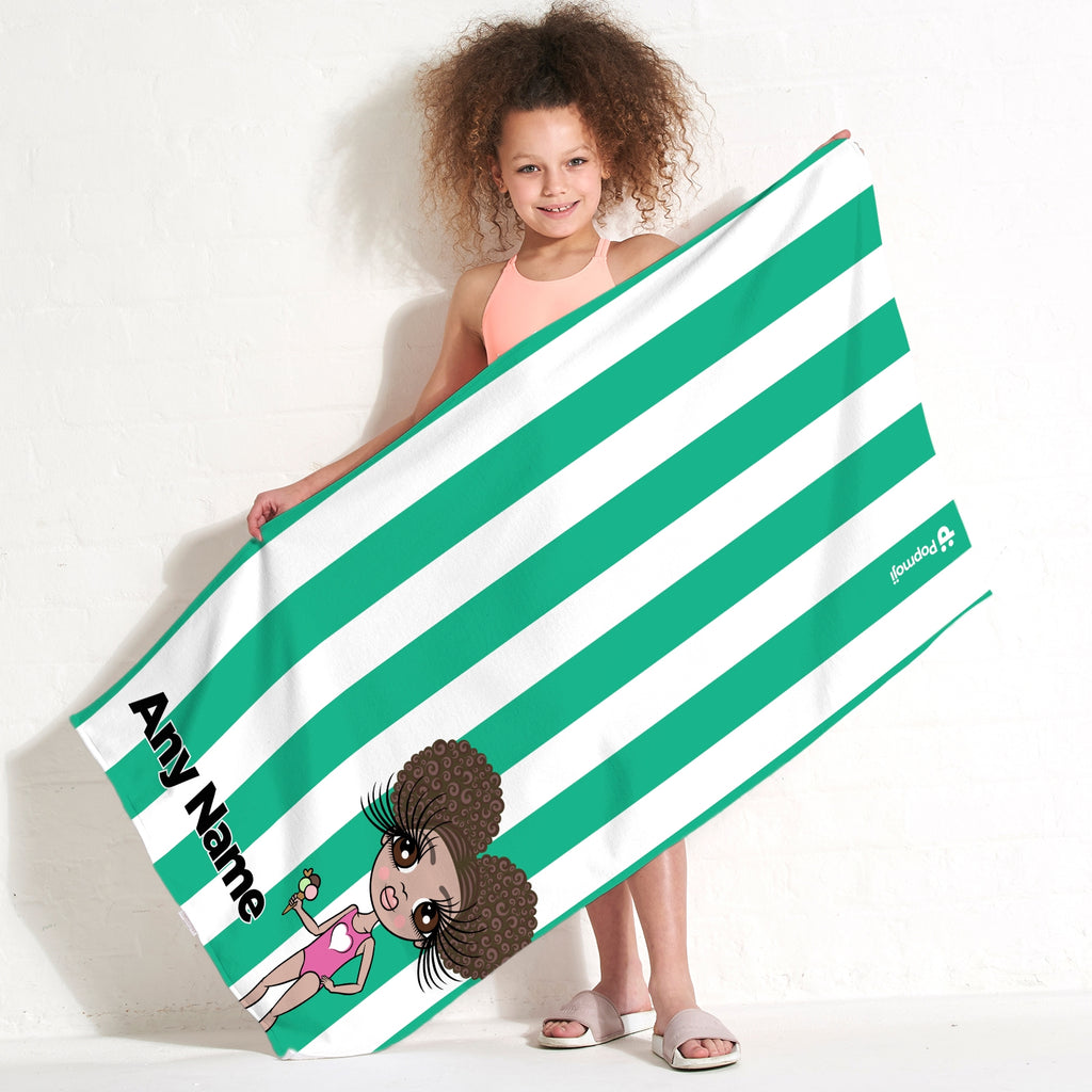 ClaireaBella Girls Personalised Green Stripe Beach Towel - Image 1