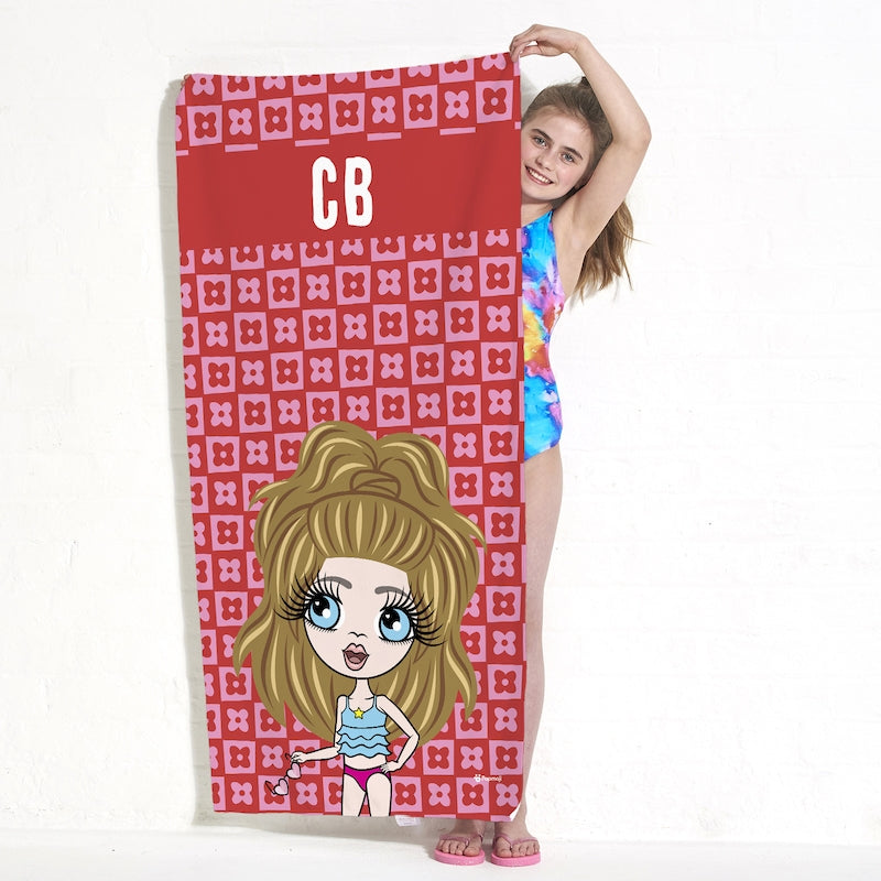 ClaireaBella Girls Personalised Checkered Flower Beach Towel - Image 1