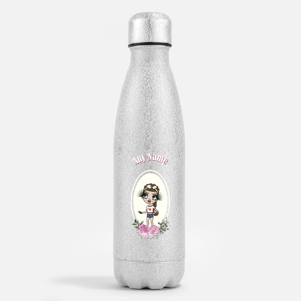 ClaireaBella Girls Silver Glitter Water Bottle Flowers - Image 1