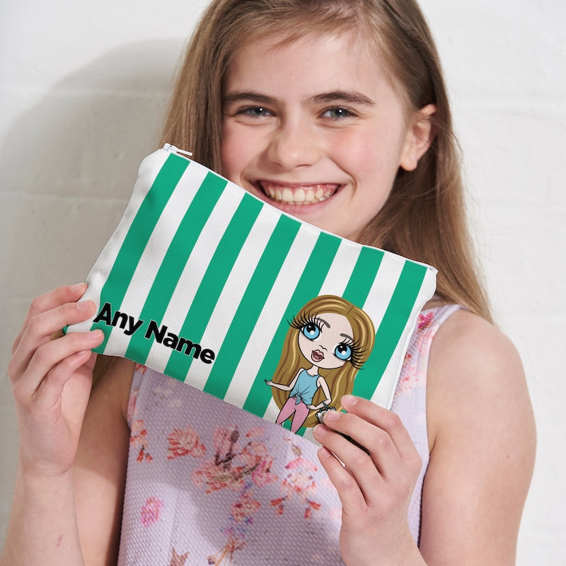 ClaireaBella Girls Personalised Green Stripe Makeup Bag - Image 2