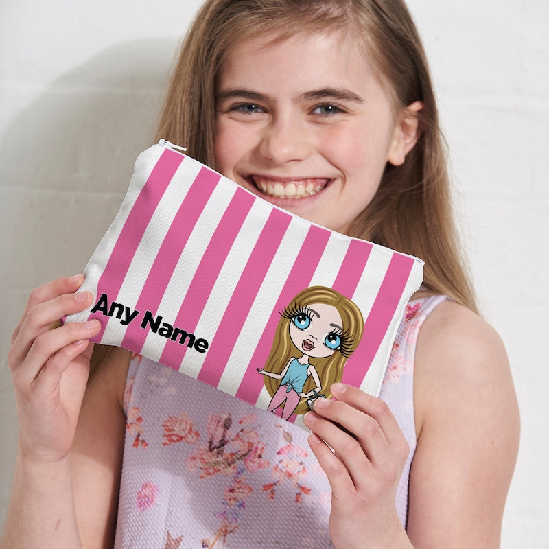 ClaireaBella Girls Personalised Pink Stripe Makeup Bag - Image 1