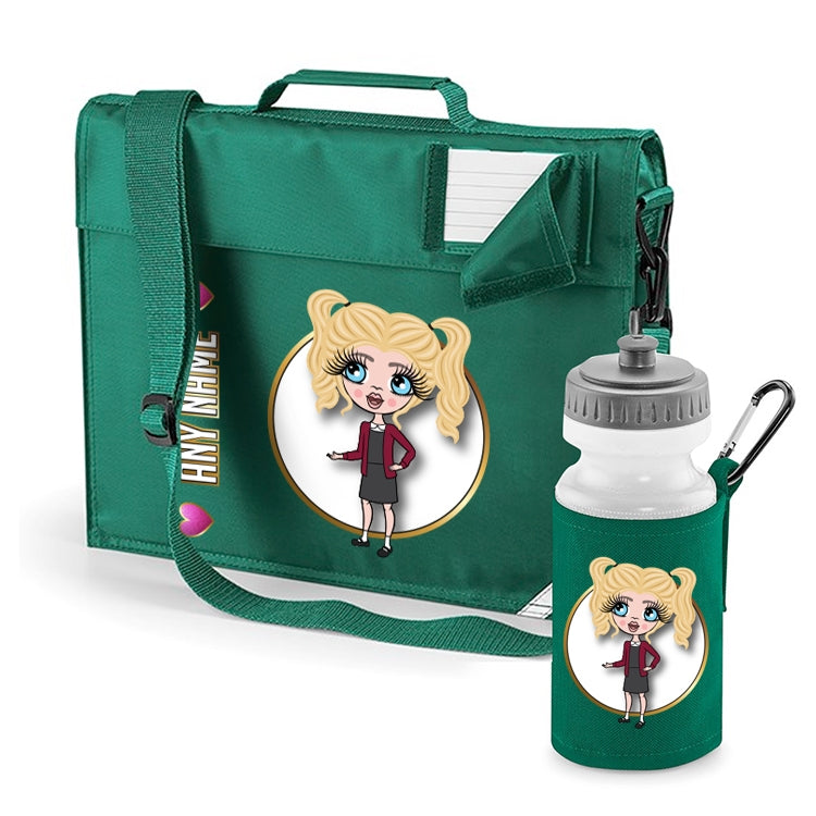 ClaireaBella Girls Personalised Green Premium Book Bag & Water Bottle Bundle - Image 1