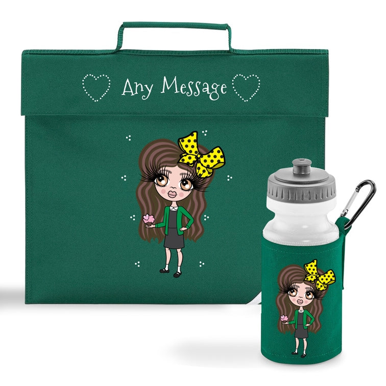 ClaireaBella Girls Personalised Green Book Bag & Water Bottle Bundle - Image 1