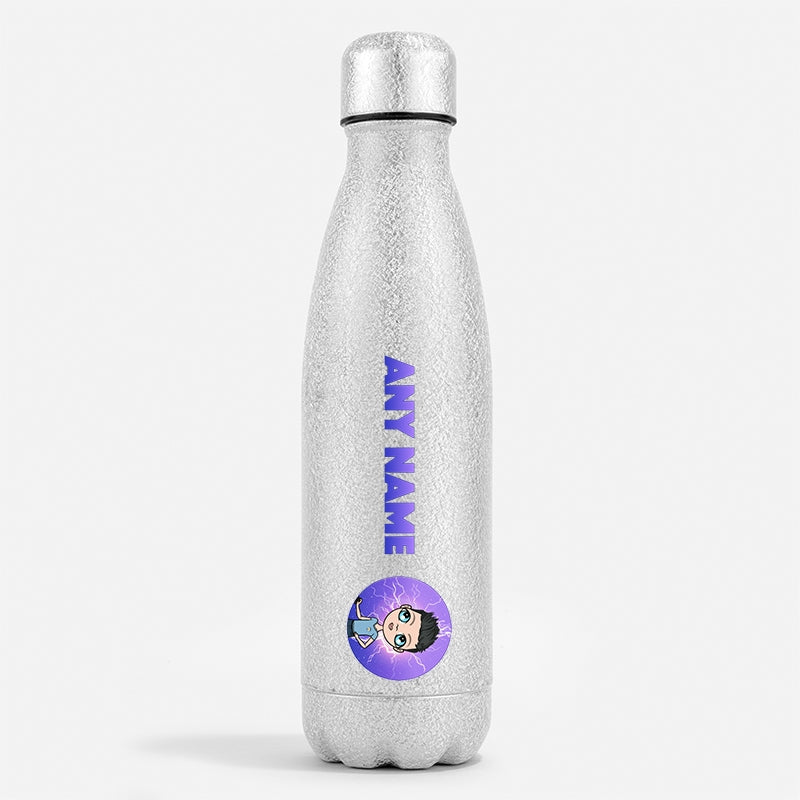 Jnr Boys Silver Glitter Water Bottle Lightning - Image 1