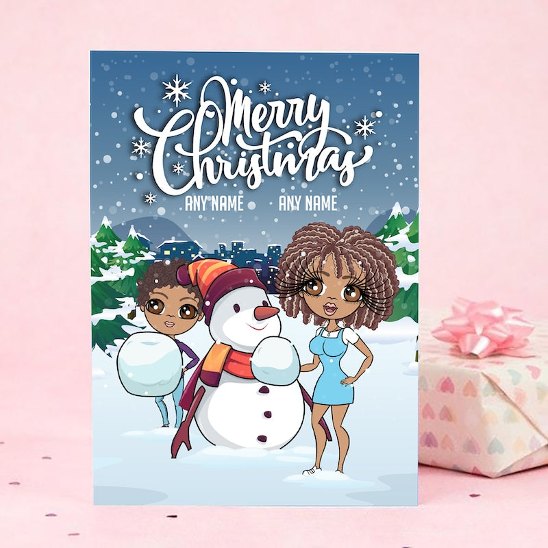 Multi Character Adult And Child Snow Fun Christmas Card - Image 1