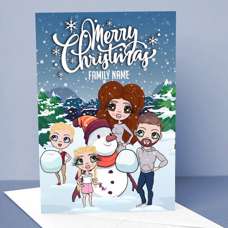 Multi Character Family Of 4 Snow Fun Christmas Card - Image 1