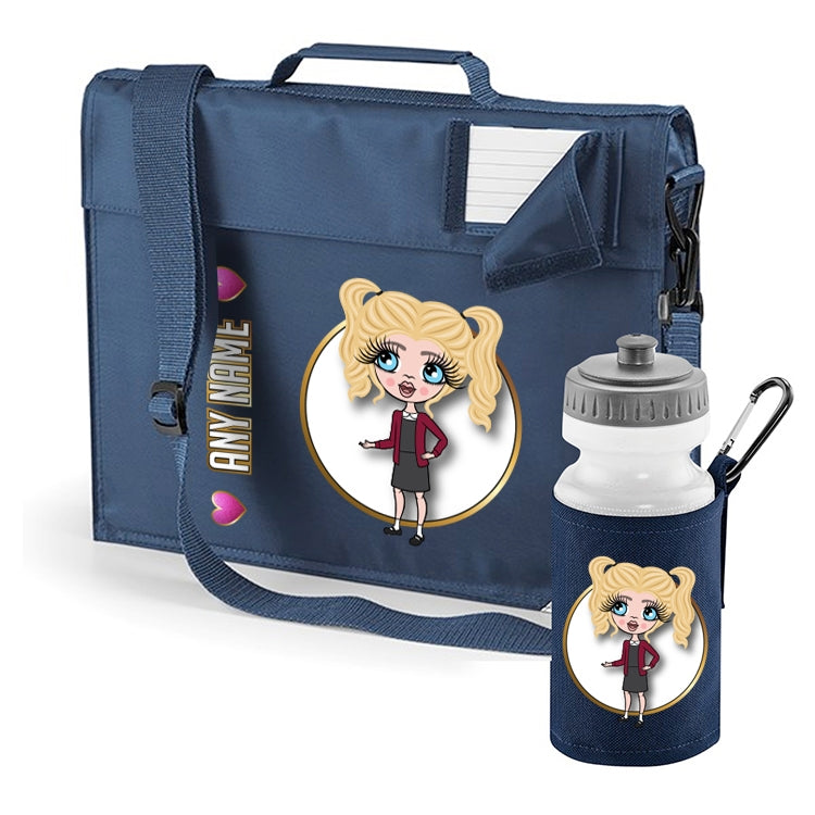 ClaireaBella Girls Personalised Navy Premium Book Bag & Water Bottle Bundle - Image 1